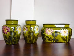 Art Nouveau Barbotine Vase Set, Floral Motifs, Green Ceramic, c. 1900
