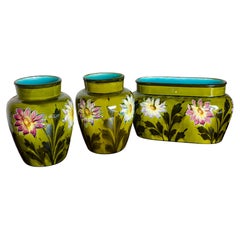 Art Nouveau Barbotine Vase Set, Floral Motifs, Green Ceramic, c. 1900