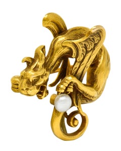 Art Nouveau Baroque Pearl 14 Karat Gold Gargoyle Brooch Watch Pin