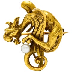 Art Nouveau Baroque Pearl 14 Karat Gold Gargoyle Brooch Watch Pin