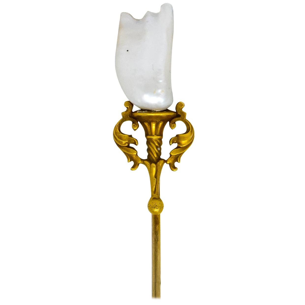 Art Nouveau Baroque Pearl 14 Karat Gold Sconce Ornamental Stickpin
