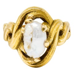 Antique Art Nouveau Baroque Pearl 14 Karat Gold Whiplash Ring