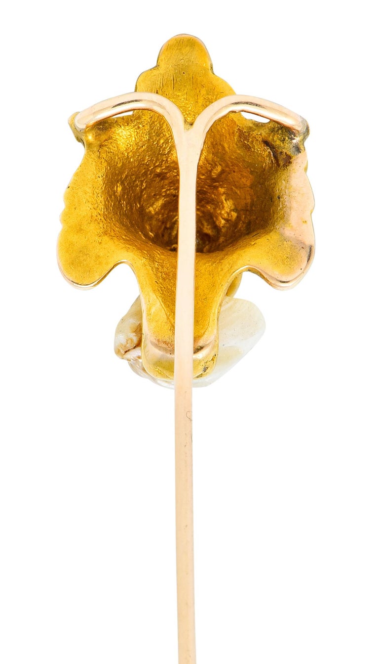 Art Nouveau Baroque Pearl Demantoid Garnet 14 Karat Gold Fierce Lion Stickpin In Excellent Condition For Sale In Philadelphia, PA