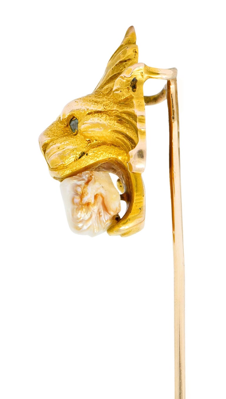 Women's or Men's Art Nouveau Baroque Pearl Demantoid Garnet 14 Karat Gold Fierce Lion Stickpin For Sale