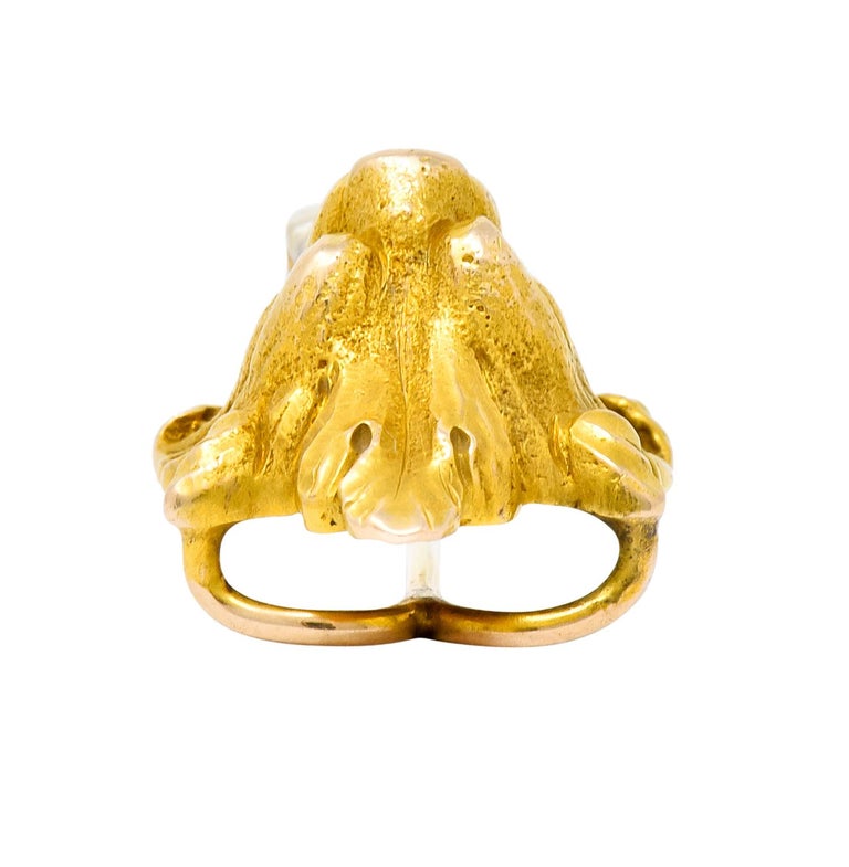 Art Nouveau Baroque Pearl Demantoid Garnet 14 Karat Gold Fierce Lion Stickpin For Sale 2