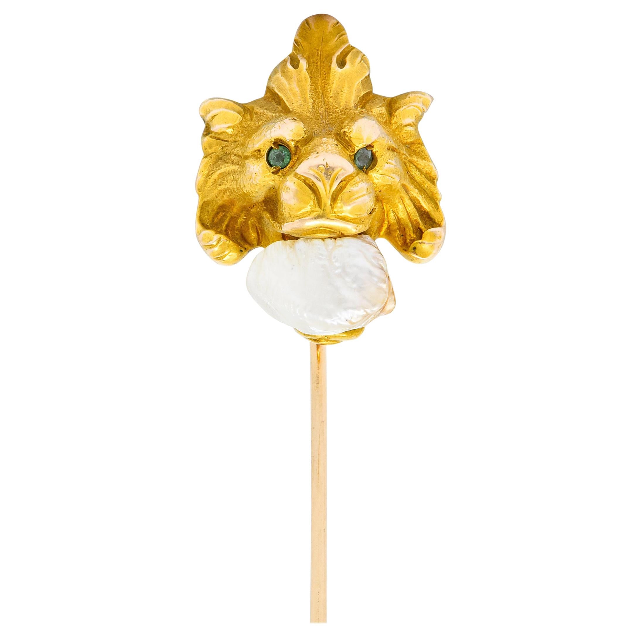 Art Nouveau Baroque Pearl Demantoid Garnet 14 Karat Gold Fierce Lion Stickpin