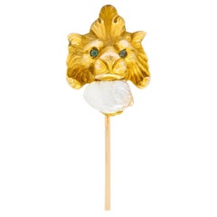Antique Art Nouveau Baroque Pearl Demantoid Garnet 14 Karat Gold Fierce Lion Stickpin