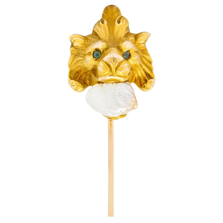 Art Nouveau Baroque Pearl Demantoid Garnet 14 Karat Gold Fierce Lion Stickpin For Sale