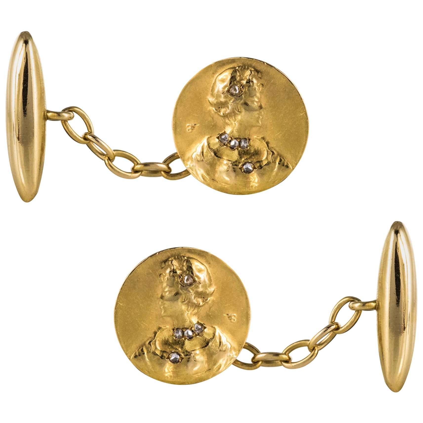 Art Nouveau Becker Diamonds 18 Karat Yellow Gold Cufflinks