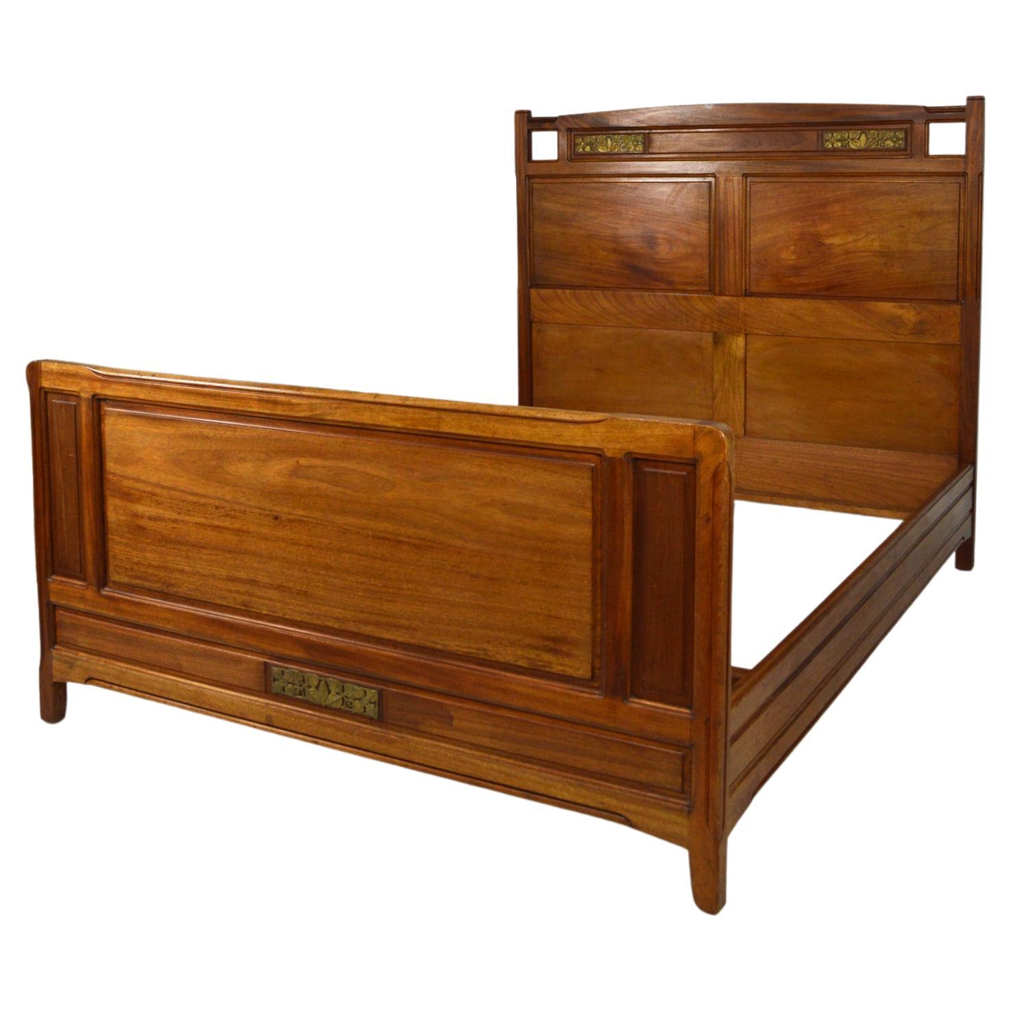 Art Nouveau Bed by Mathieu Gallerey in Mahogany, Clematis model, circa 1920 For Sale