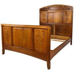 Antique Art Nouveau Bed in Carved Oak, Opium Poppy Theme, France, circa 1910