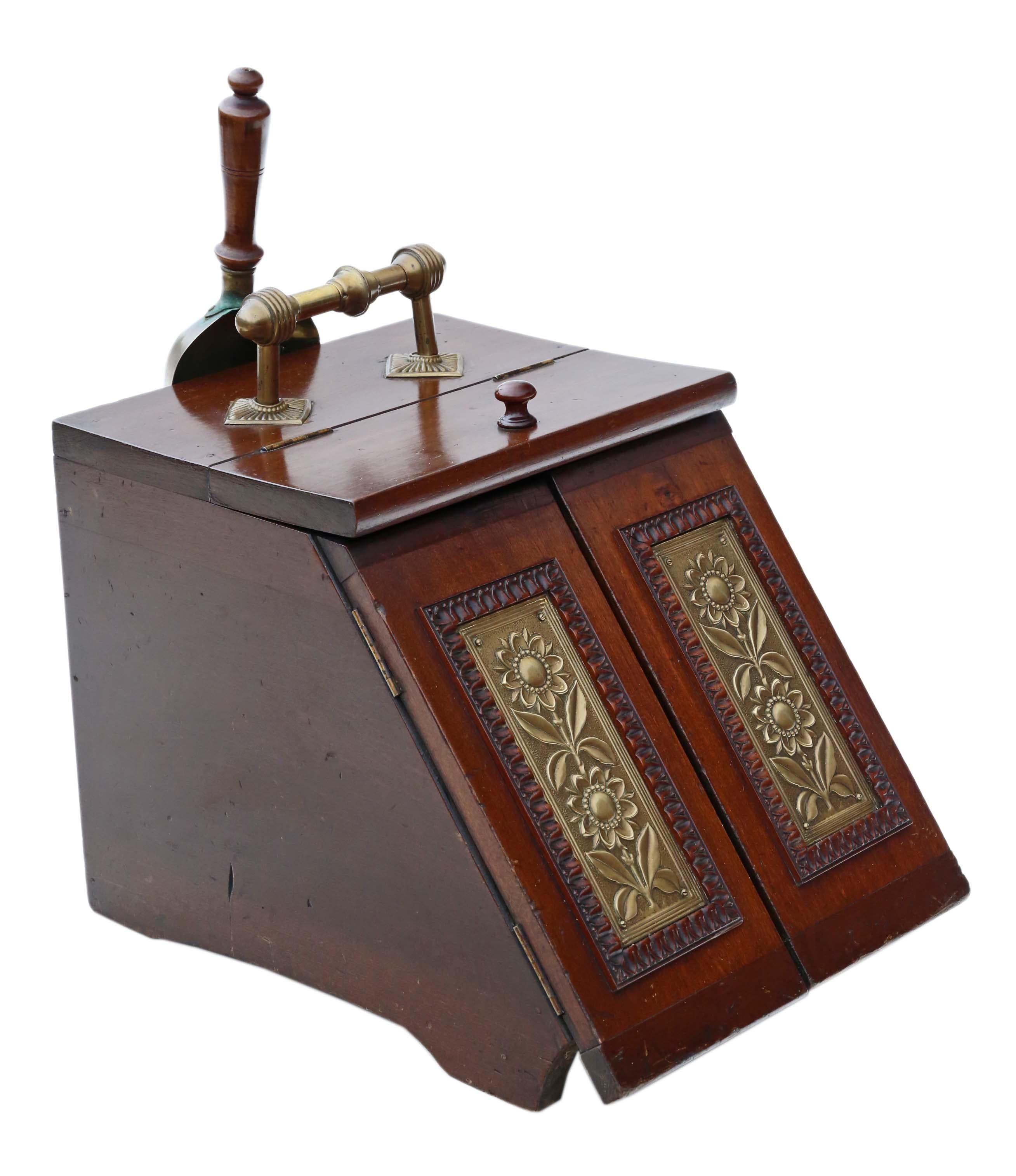 Antique Art Nouveau beech, walnut and brass coal scuttle box, circa 1910.
This is a lovely item, that is full of charm and character. Great decorative brass panels.
This is a heavy quality piece, with no loose joints... far better than most. No