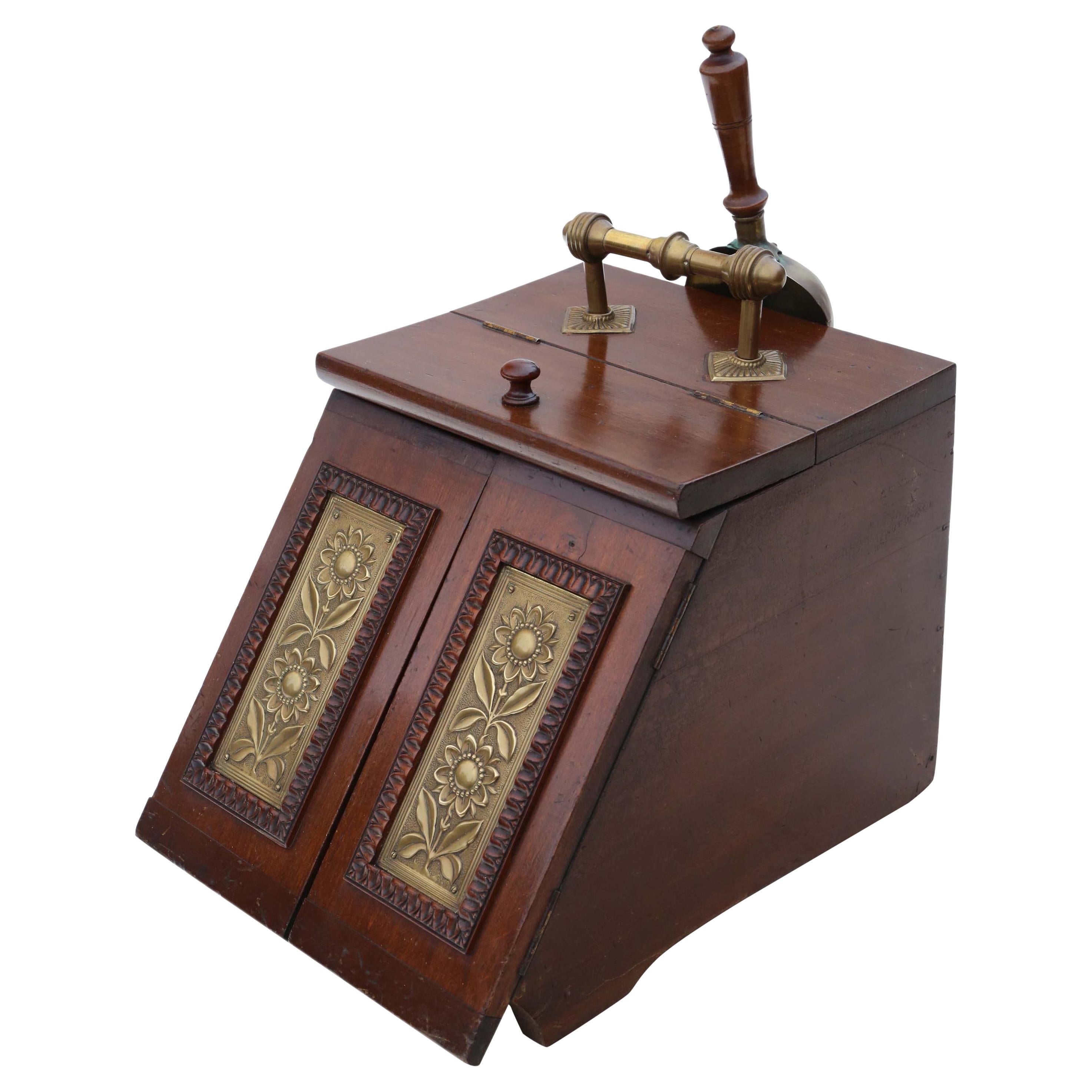 Art Nouveau Beech Walnut and Brass Coal Scuttle Box For Sale