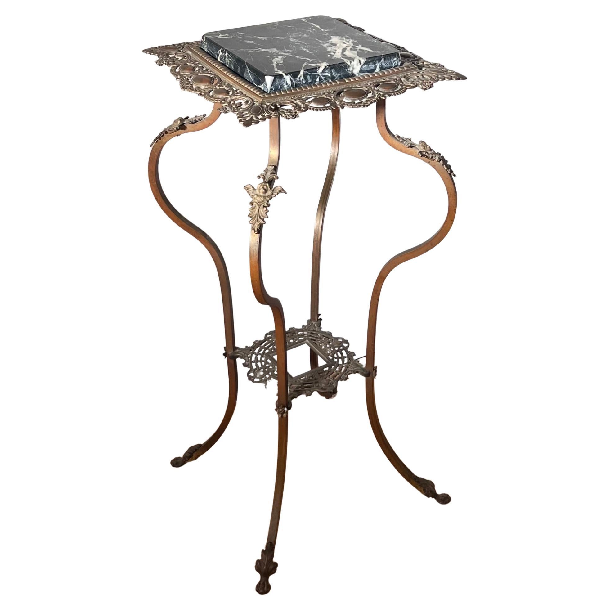 Victorian brass and marble pedestal jardinière side table, late 19th c