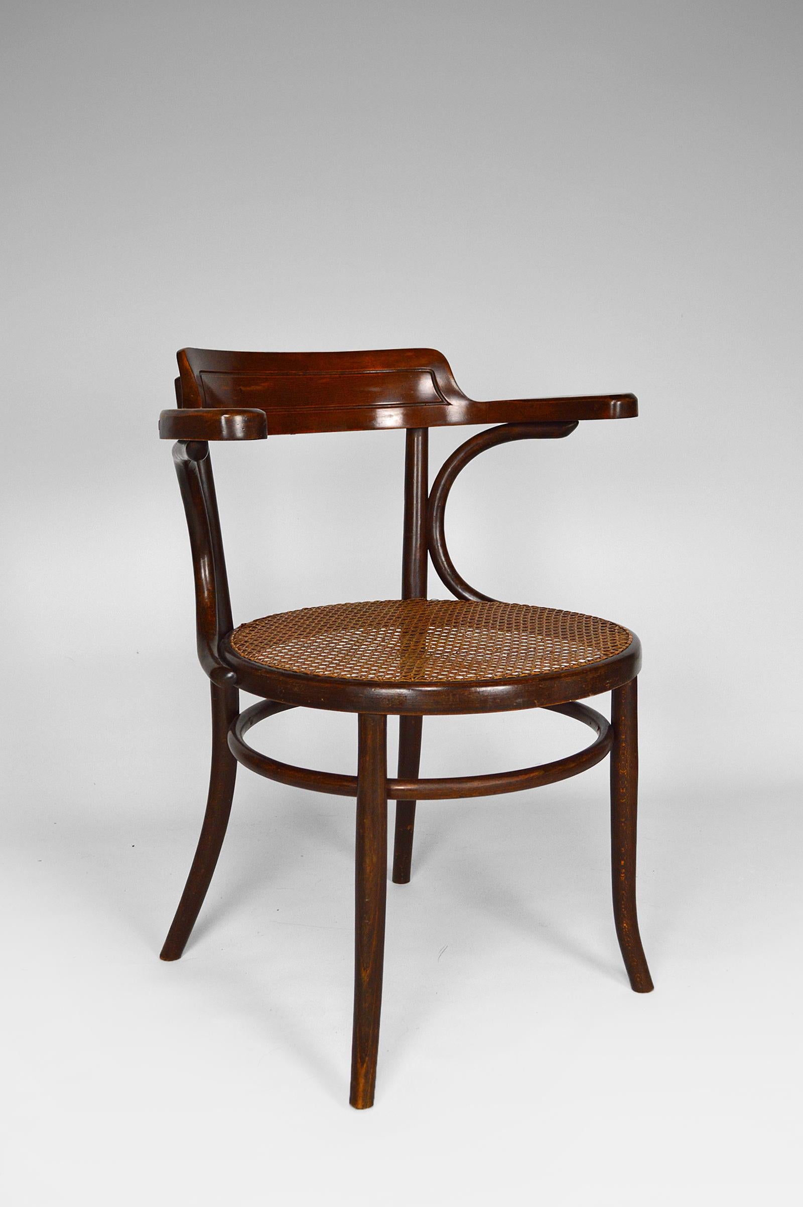 Caning Art Nouveau Bentwood Desk Armchair by Fischel, circa 1900 For Sale