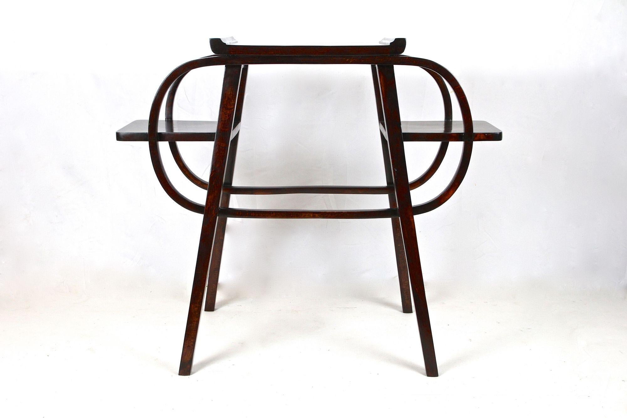 Fantástico diseño, rara mesa auxiliar Art Nouveau de madera curvada/pedestal de flores de principios del siglo XX, alrededor de 1905 en Austria. Impresionante pedestal con forma, fabricado en madera de haya fina y teñido en un tono caoba muy oscuro.