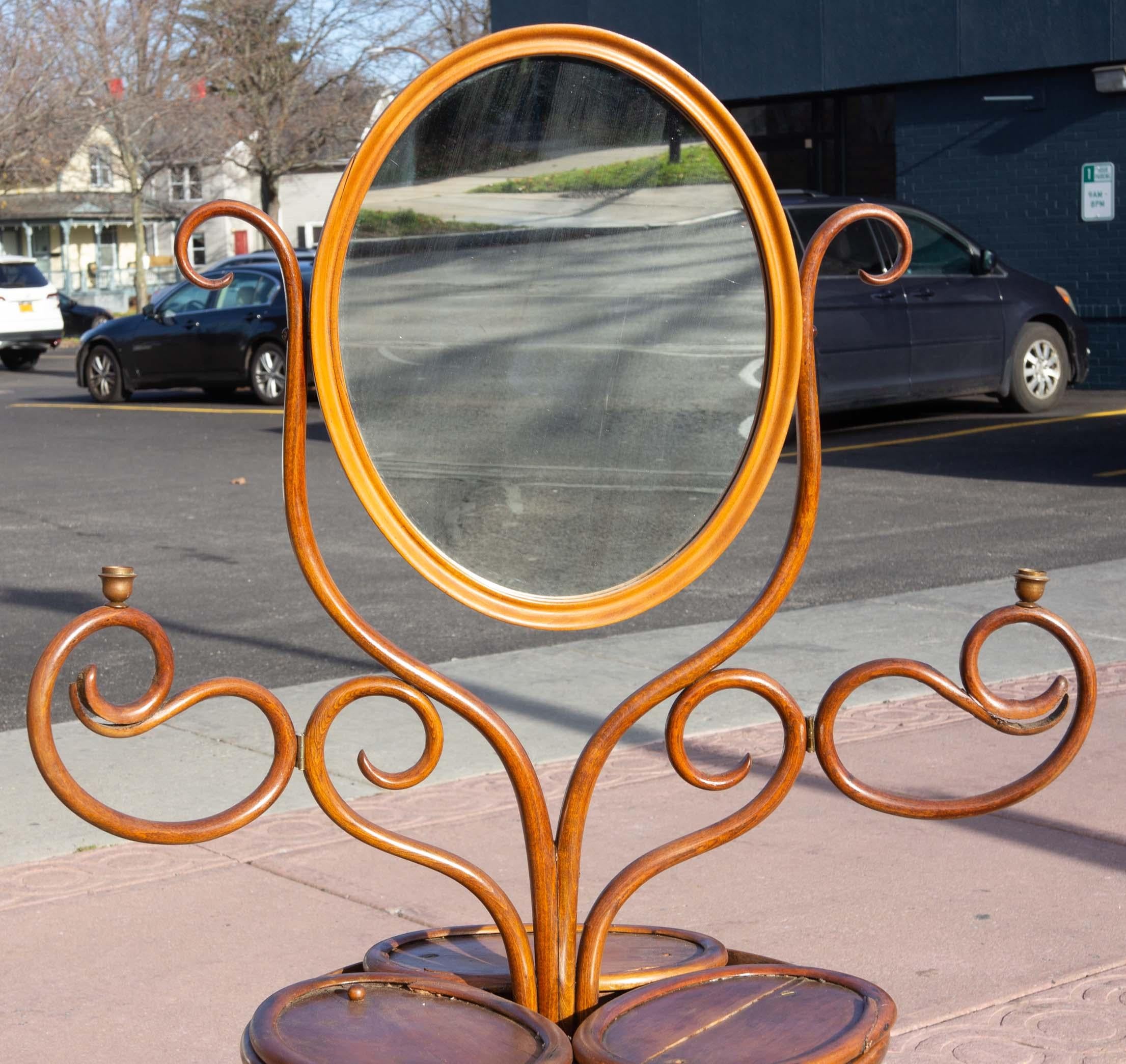 Antique Art Nouveau shaving stand with swinging candleholders. Wonderful flowing lines. By Thonet of Austria, circa 1900.
  