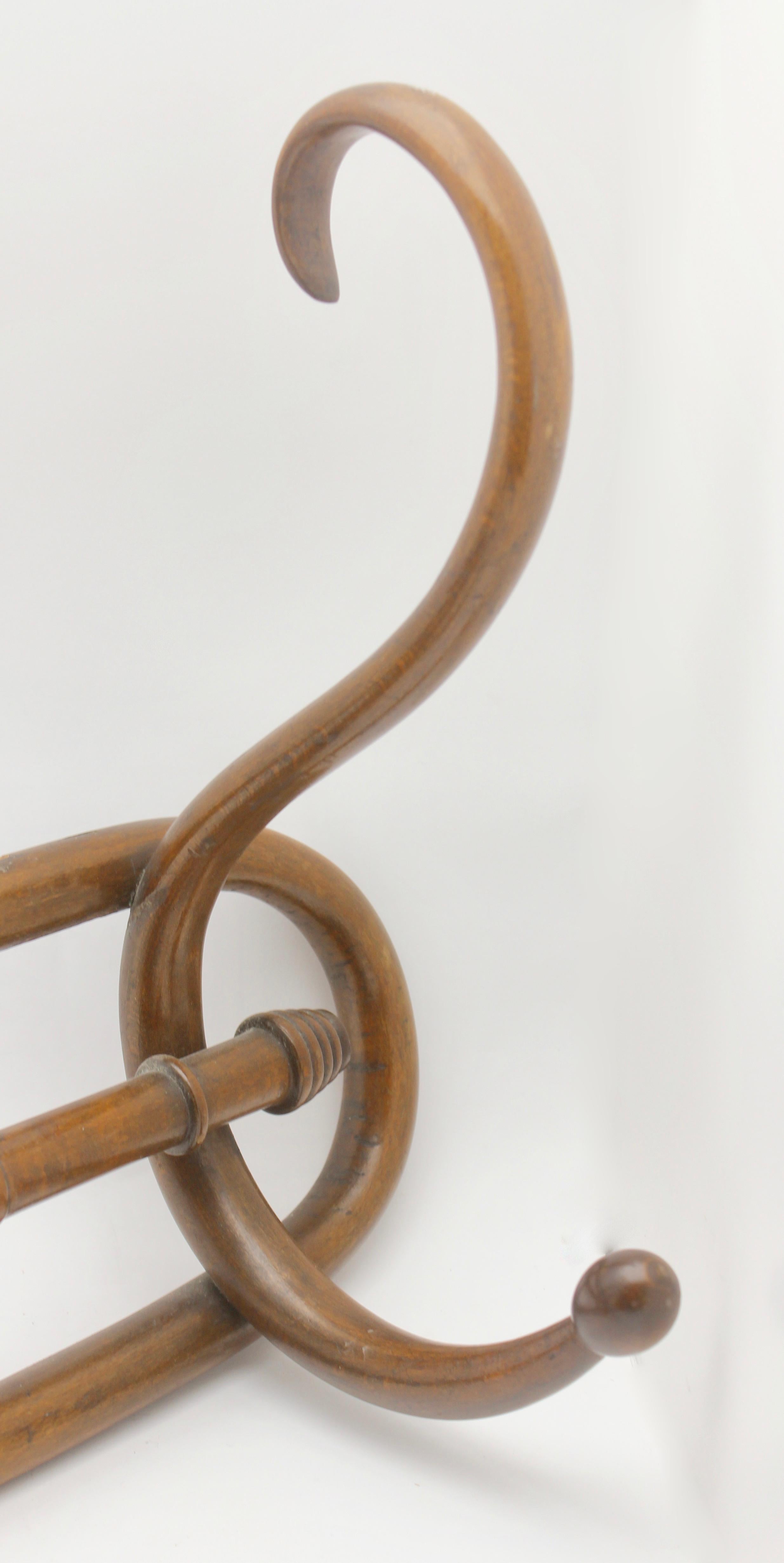 Hand-Crafted Art Nouveau Bentwood Wall Coat Rack attributed to Thonet, Vienna, 1910s