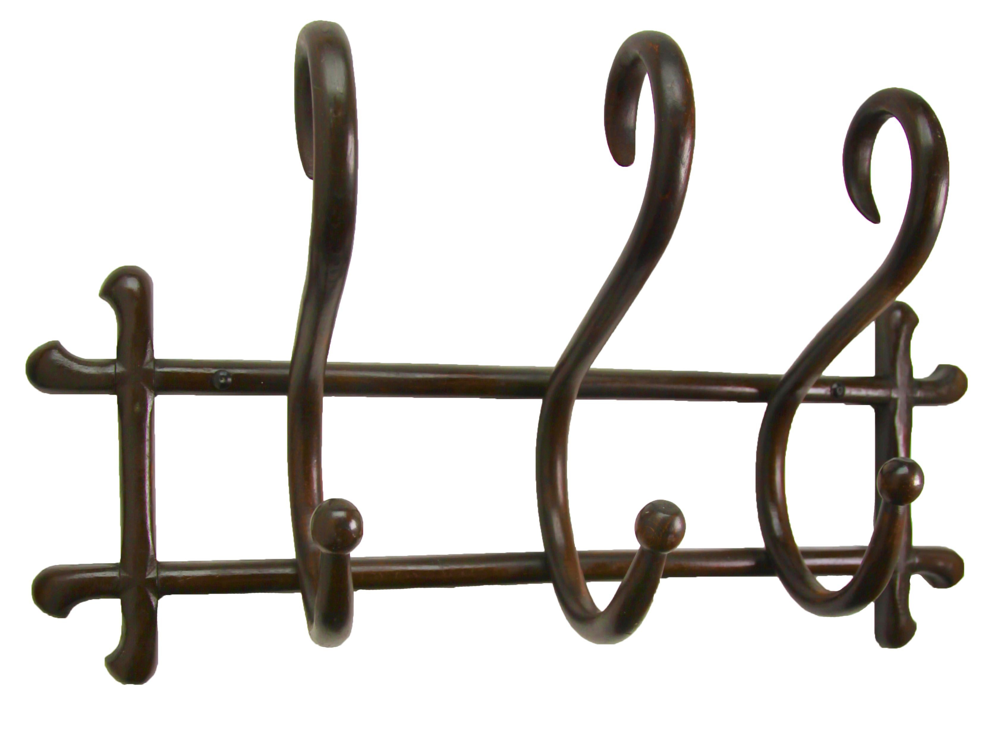 Art Nouveau bentwood wall coat rack attributed to Thonet, Vienna, 

Viennese wall hanger Thonet was included in the production program of the company Gebrüder Thonet around the Year 1879. Original 'Thonet'
Very rare and interesting finish,