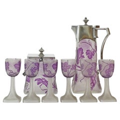 Sei bicchieri e decanter in vetro e metallo acidato Art Nouveau Berndorf