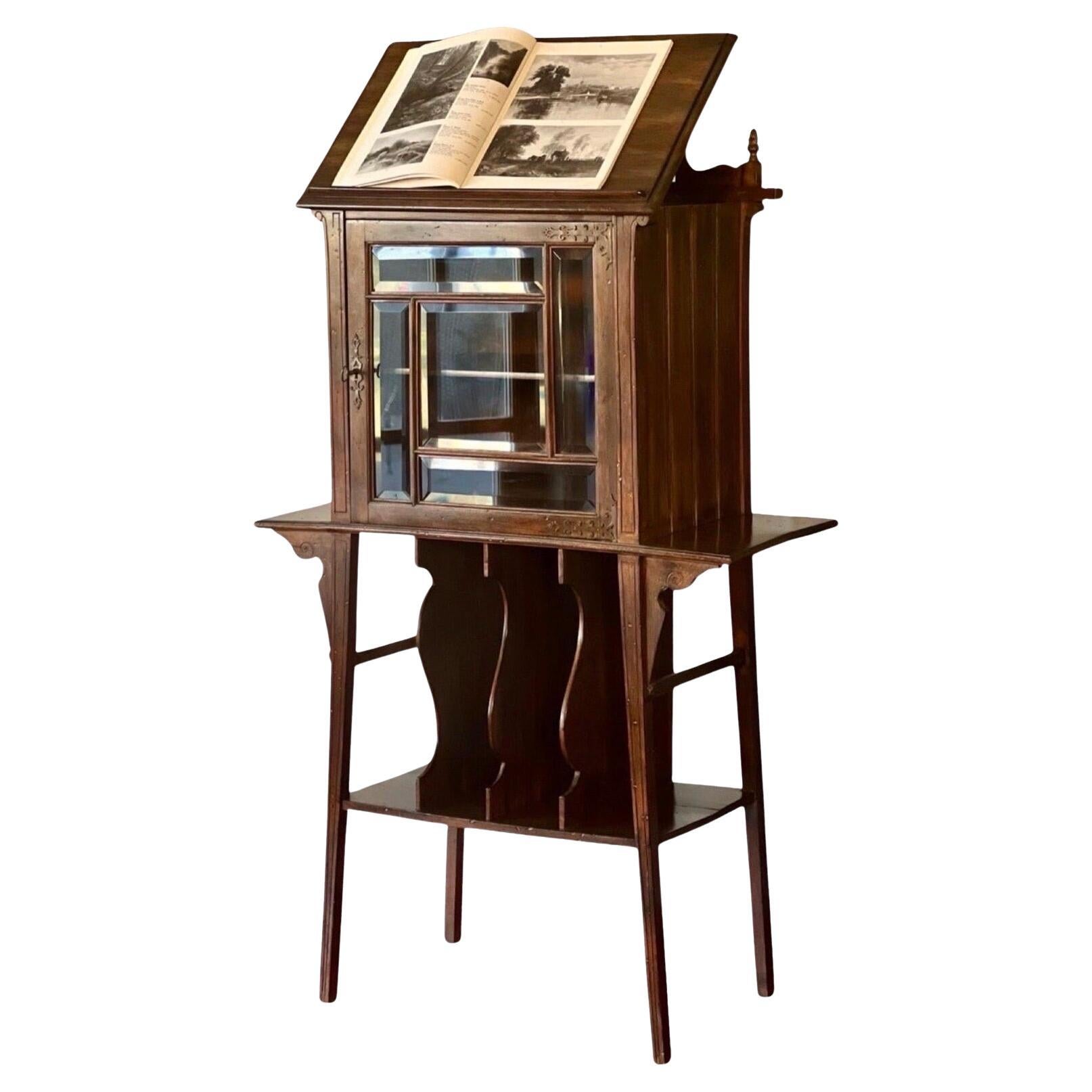Art Nouveau Walnut Display or Music Cabinet with Beveled Glass and Easel Stand For Sale