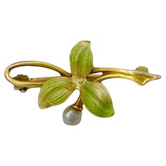 Art Nouveau Bippart & Co. Enamel 14k Gold Natural Pearl Leaf Antique Brooch Pin