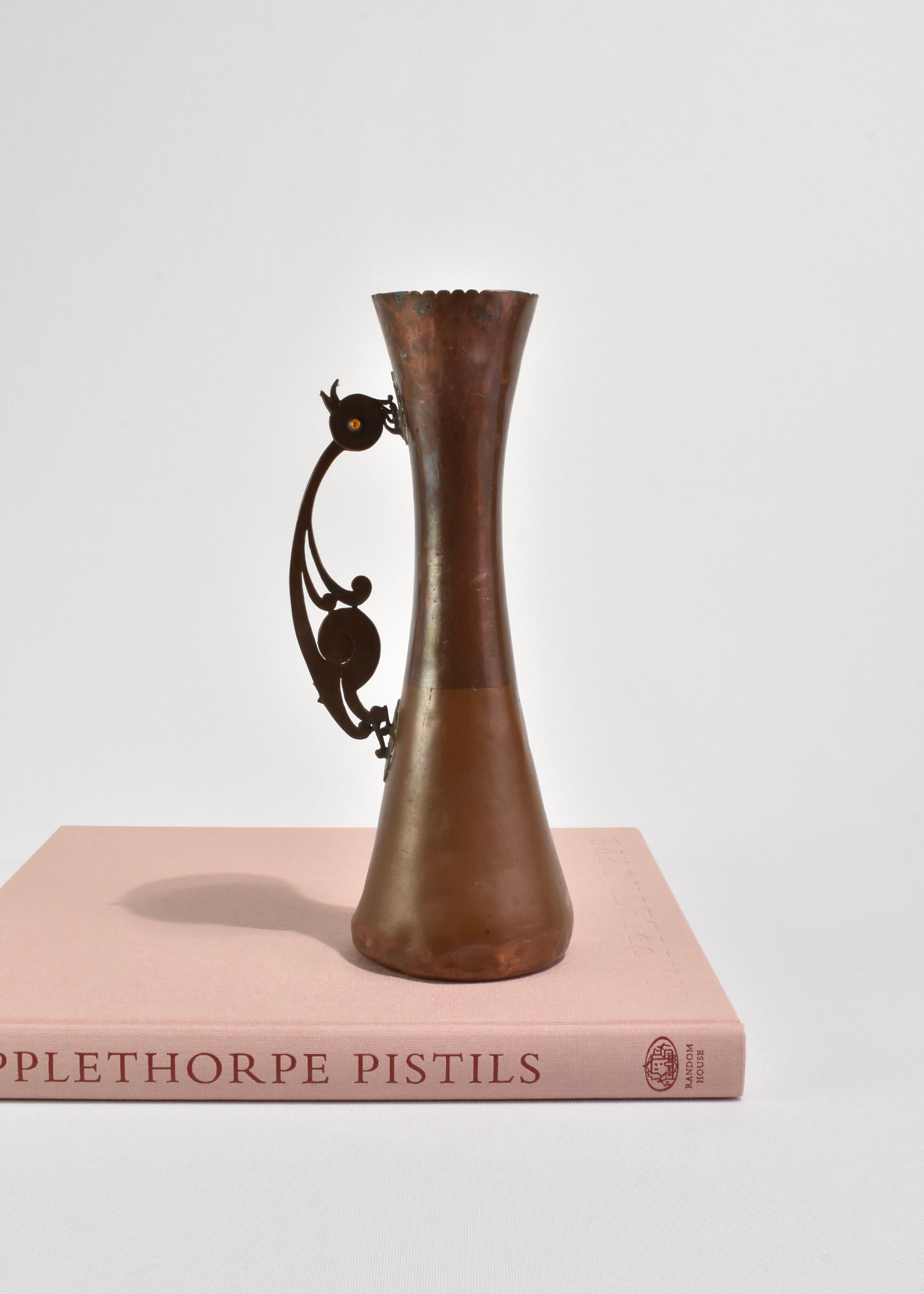 Rare, art nouveau style pitcher or vase in brass with a bird shaped handle. Made in Mexico, attributed to Los Castillo.