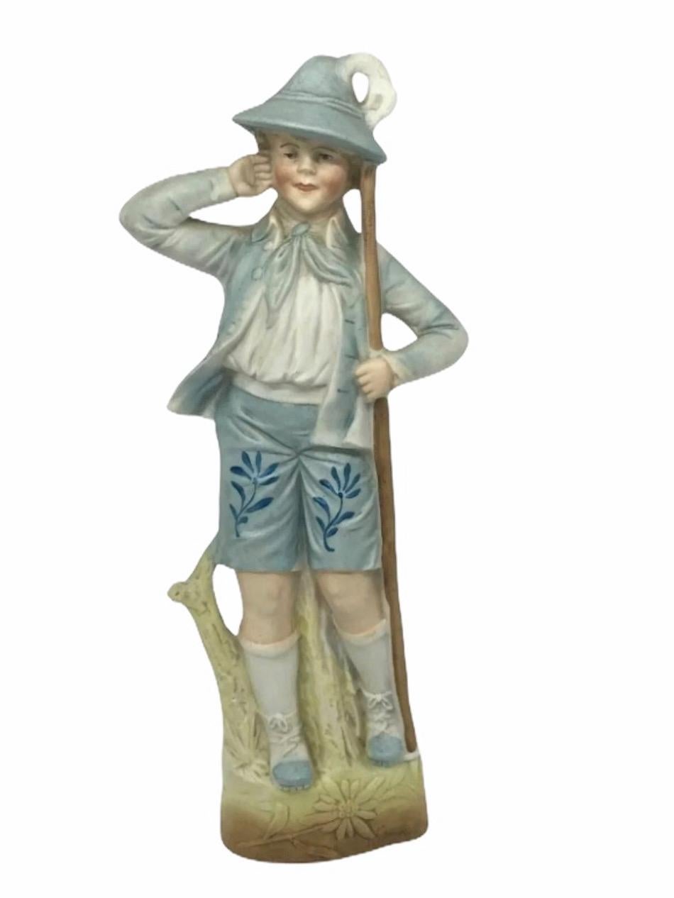 Early 20th Century Art Nouveau Bisque Porcelain Boy Figurine Lederhosen Octoberfest German, 1900 For Sale