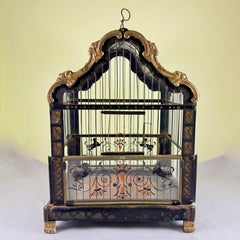 Art Nouveau Black Japanned Metal Bird Cage, Hand-Painted, Circa 1900-1920