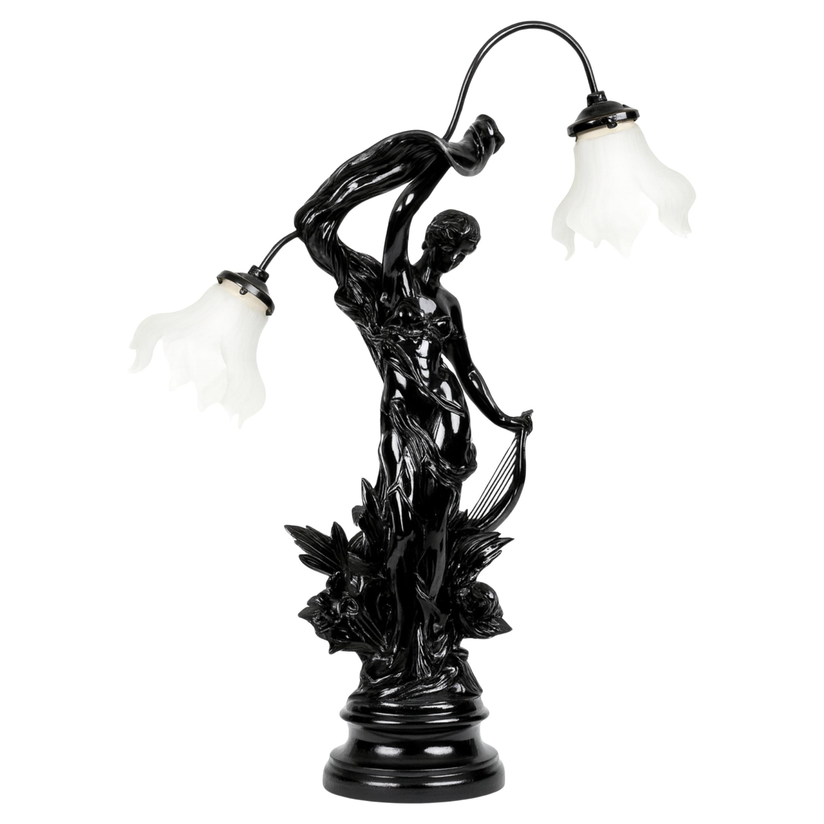 Art Nouveau Black Lacque Table Lamp, 19th Century