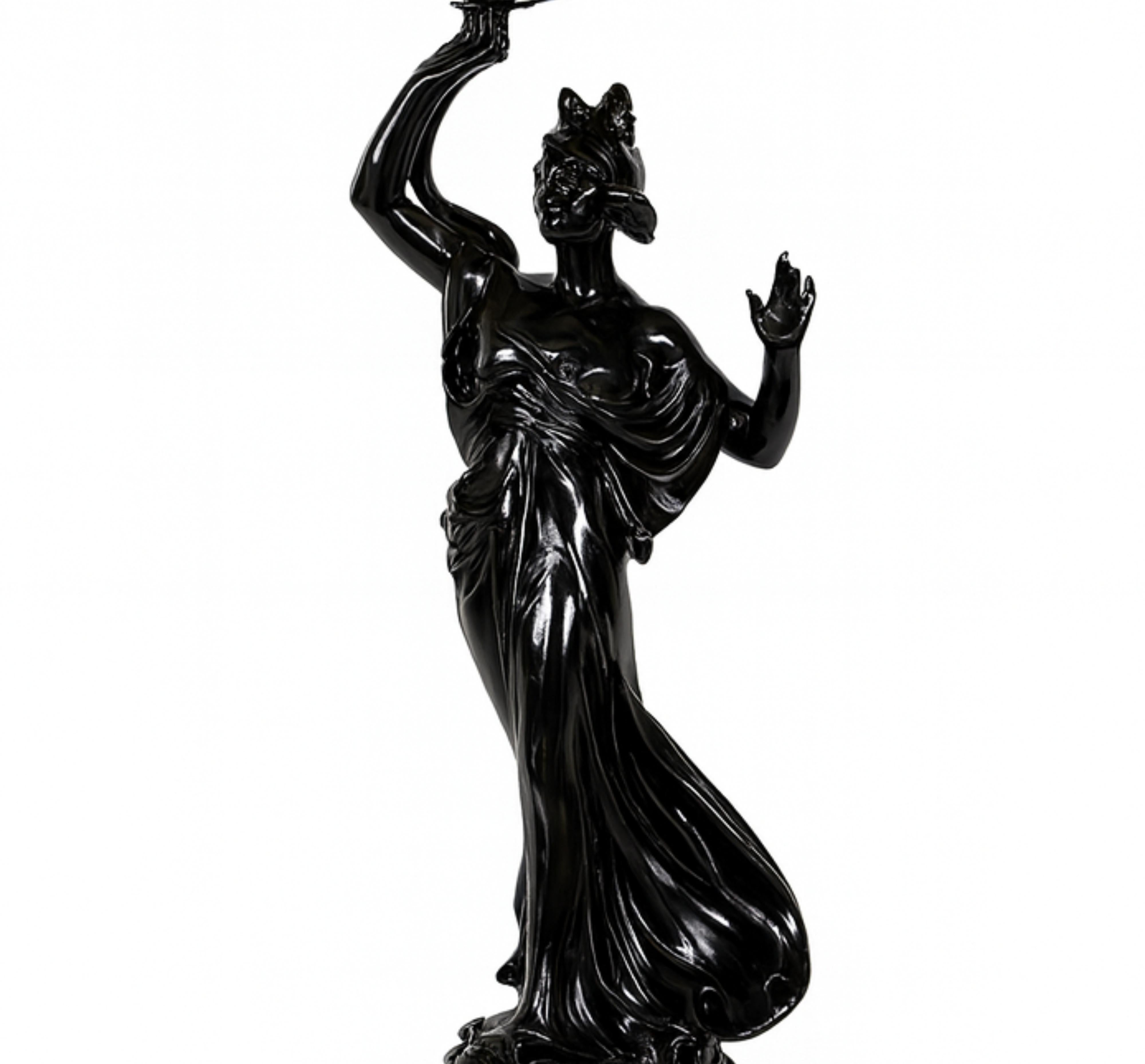 A Belle Époque Art Nouveau black lacquer refinished lamp from the early 1900s, featuring a finely crafted spelter sculpture of a graceful woman, holding an illuminated yellow vibrant tulip-shaped glass shade, casting a warm, ambient glow. 

The