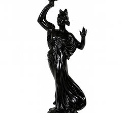 Art Nouveau Black Lacquer Spelter Woman Sculpture Yellow Glass Lamp, 1900s