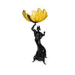Art Nouveau Black Lacquer Spelter Woman Sculpture Yellow Glass Lamp, 1900s