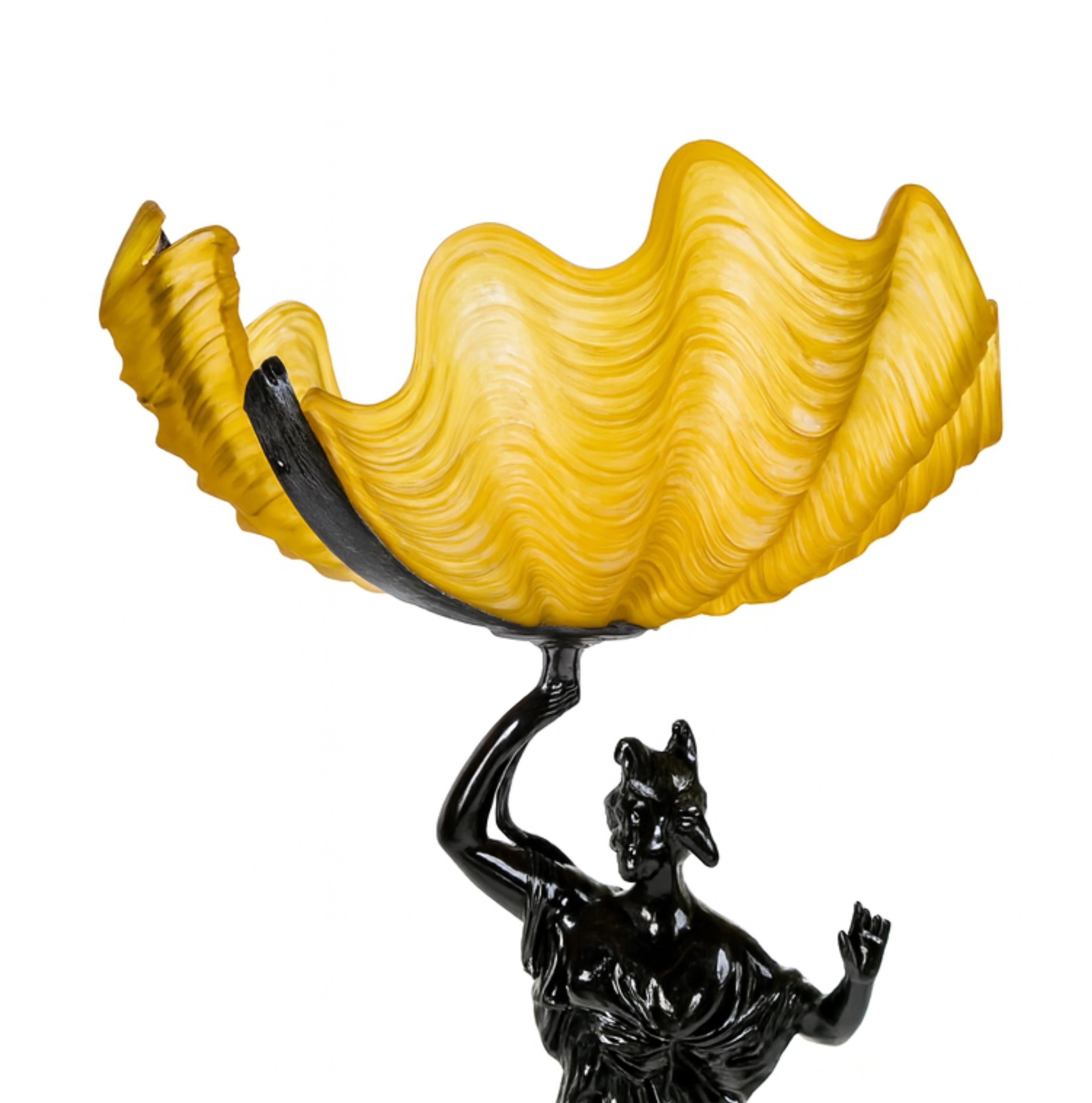 Belle Époque Art Nouveau Black Lacquer Spelter Woman Sculpture Yellow Glass Lamp, 1900s For Sale