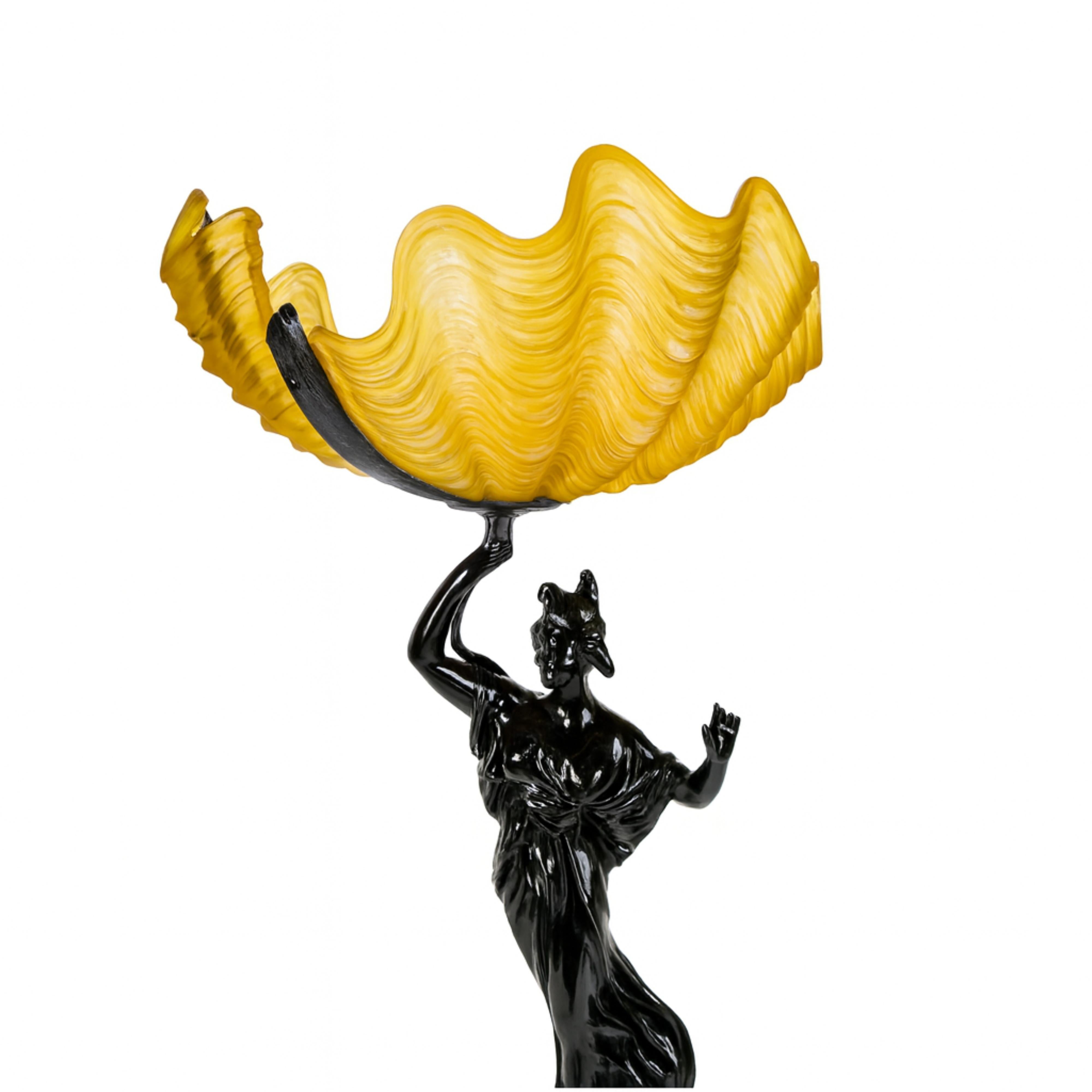 French Art Nouveau Black Lacquer Spelter Woman Sculpture Yellow Glass Lamp, 1900s For Sale