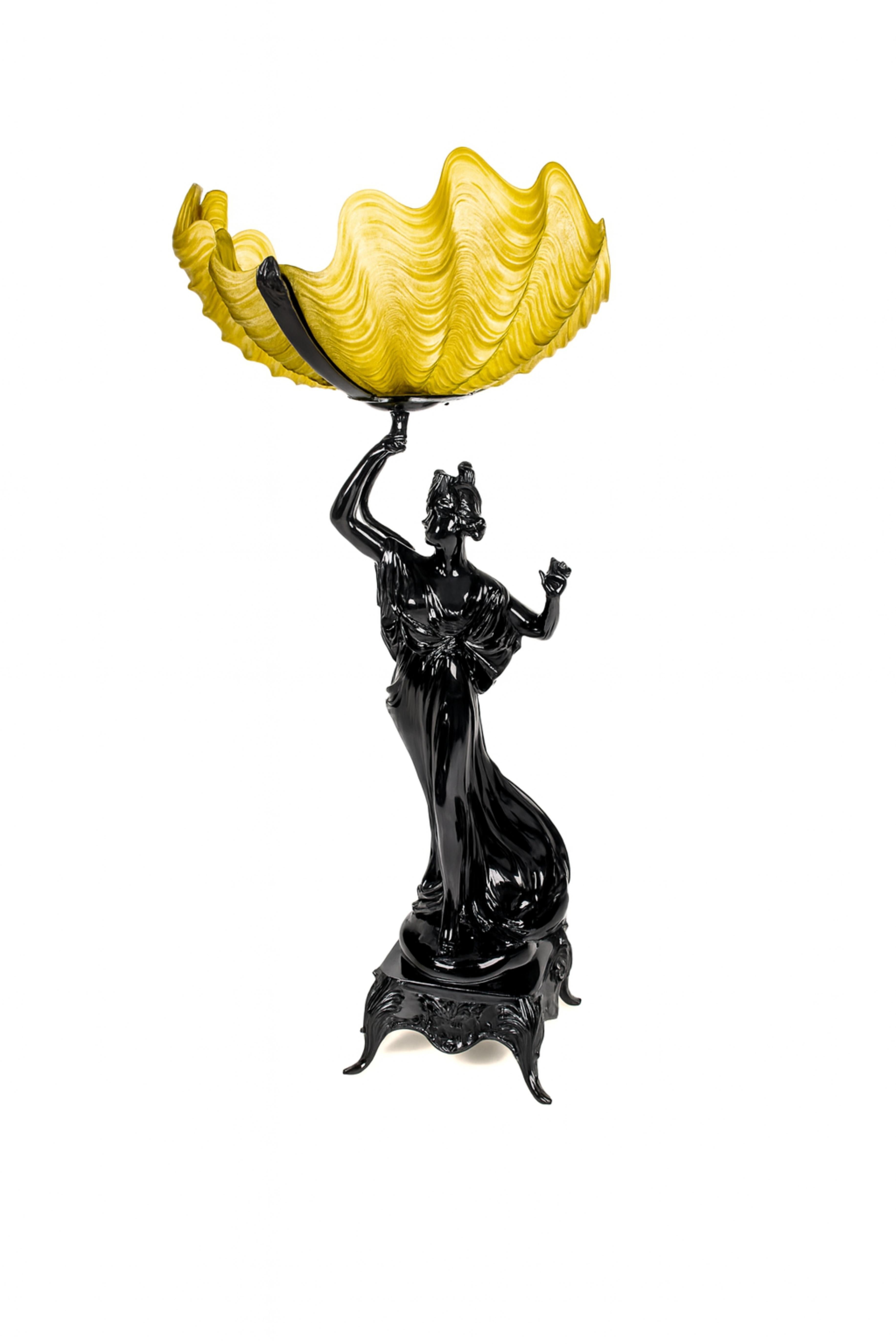 20th Century Art Nouveau Black Lacquer Spelter Woman Sculpture Yellow Glass Lamp, 1900s For Sale