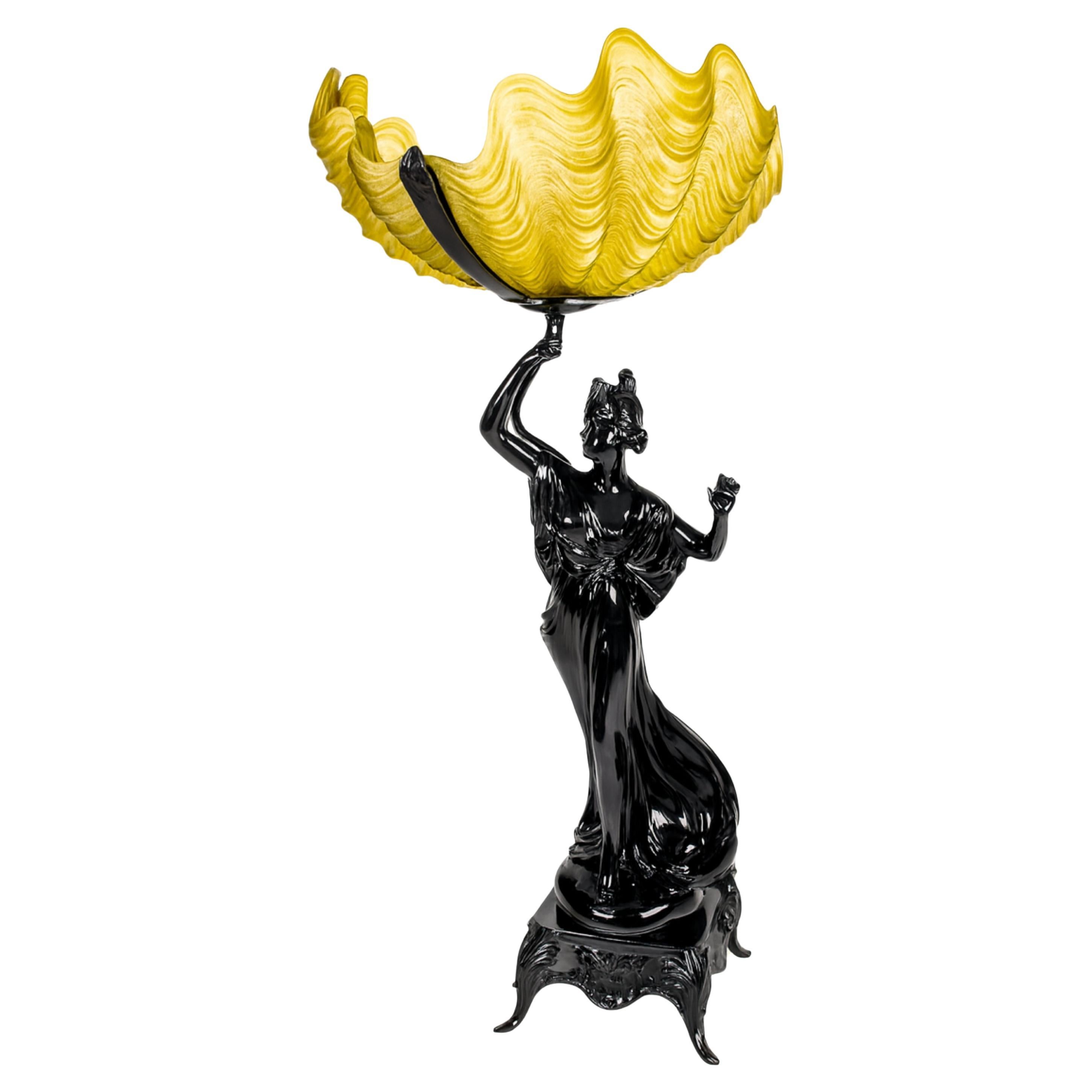 Art Nouveau Black Lacquer Spelter Woman Sculpture Yellow Glass Lamp, 1900s For Sale