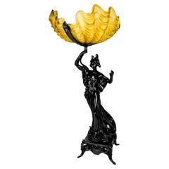 Art Nouveau Black Lacquer Spelter Woman Sculpture Yellow Glass Lamp, 1900s