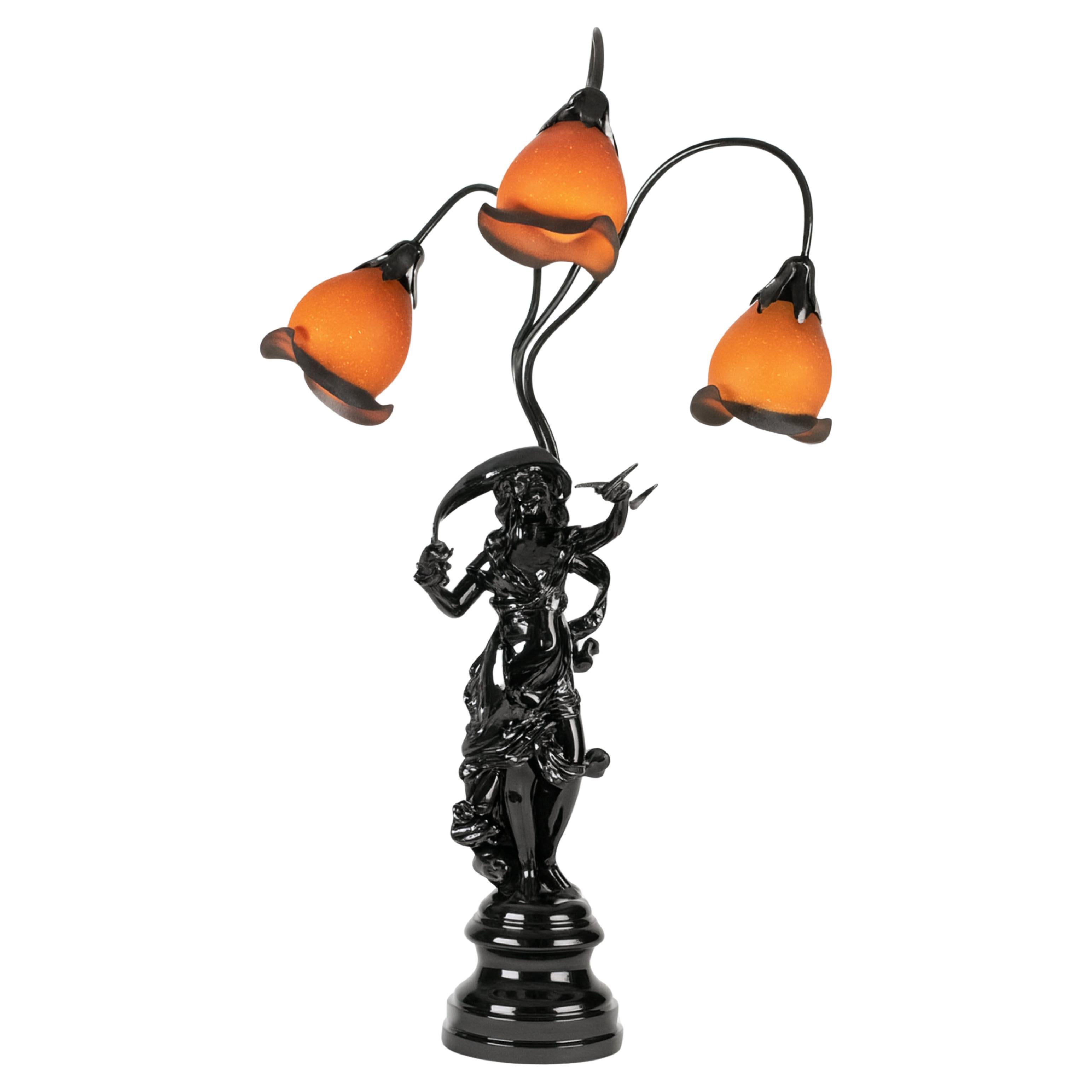 Art Nouveau Black Lacquer Table Lamp With Cameo Tulips, 20th Century