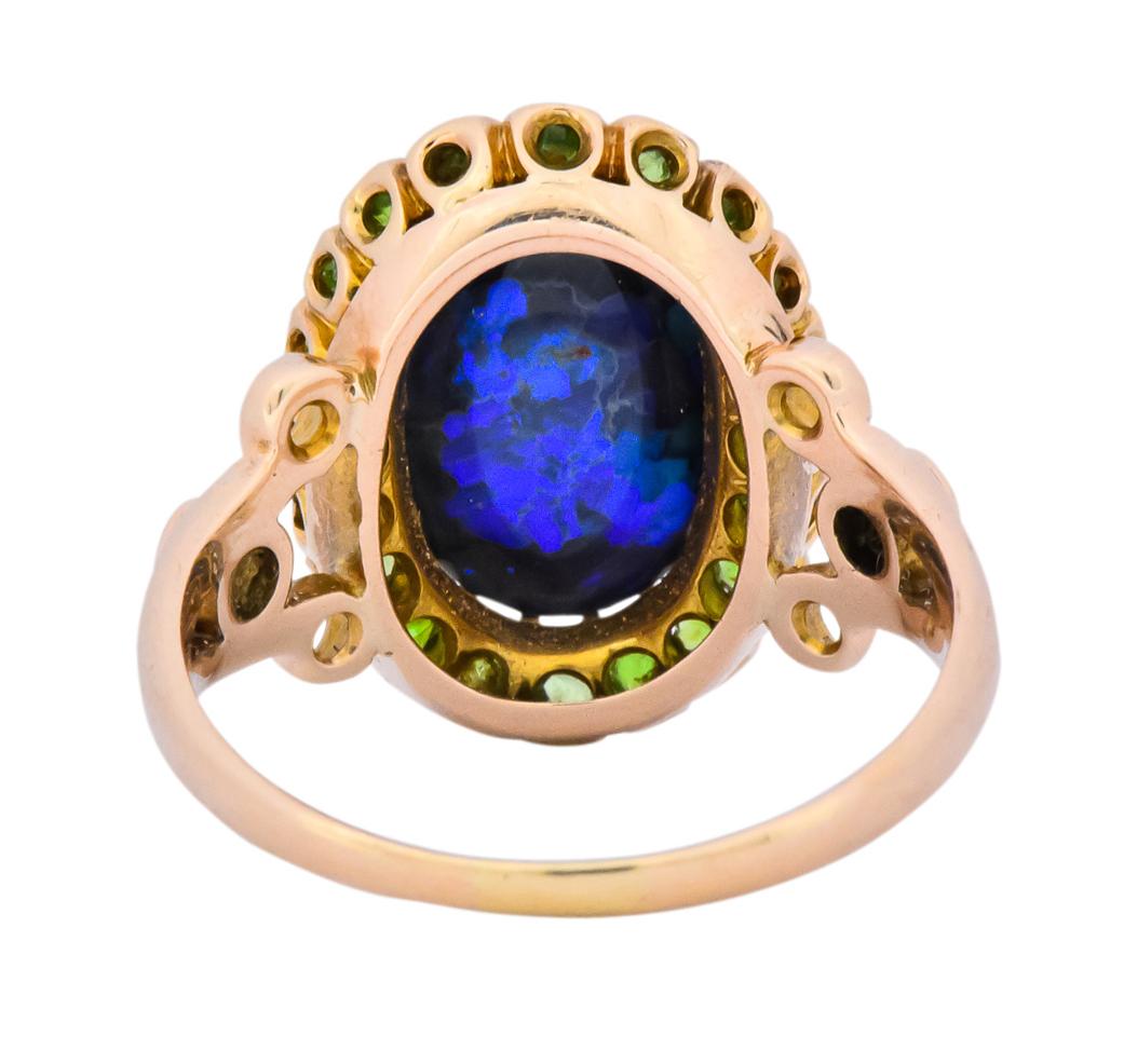 Women's or Men's Art Nouveau Black Opal Demantoid Garnet 14 Karat Gold Cluster Ring