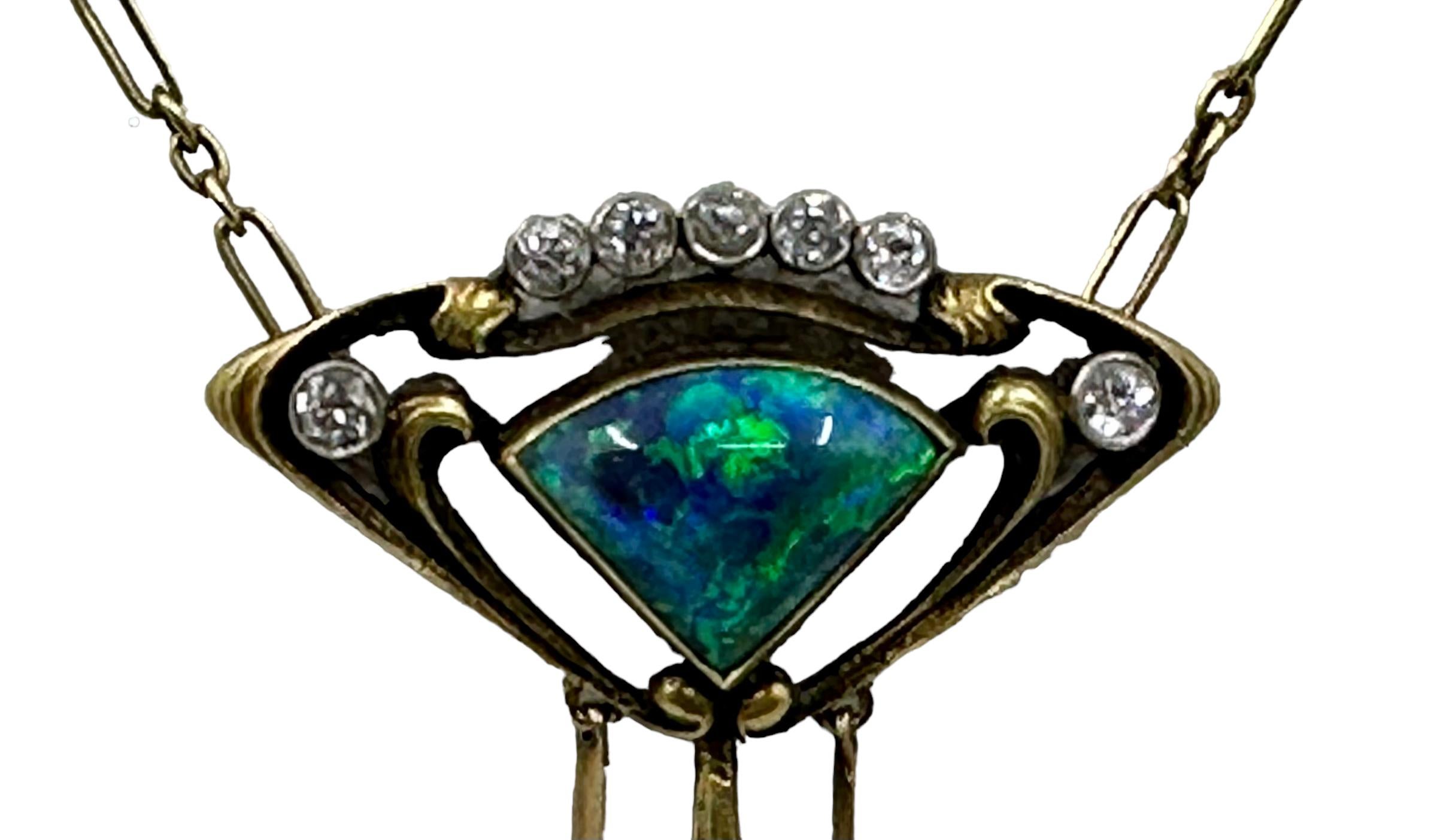 Old European Cut Art Nouveau Black Opal, Diamond and Demantoid Garnet Necklace