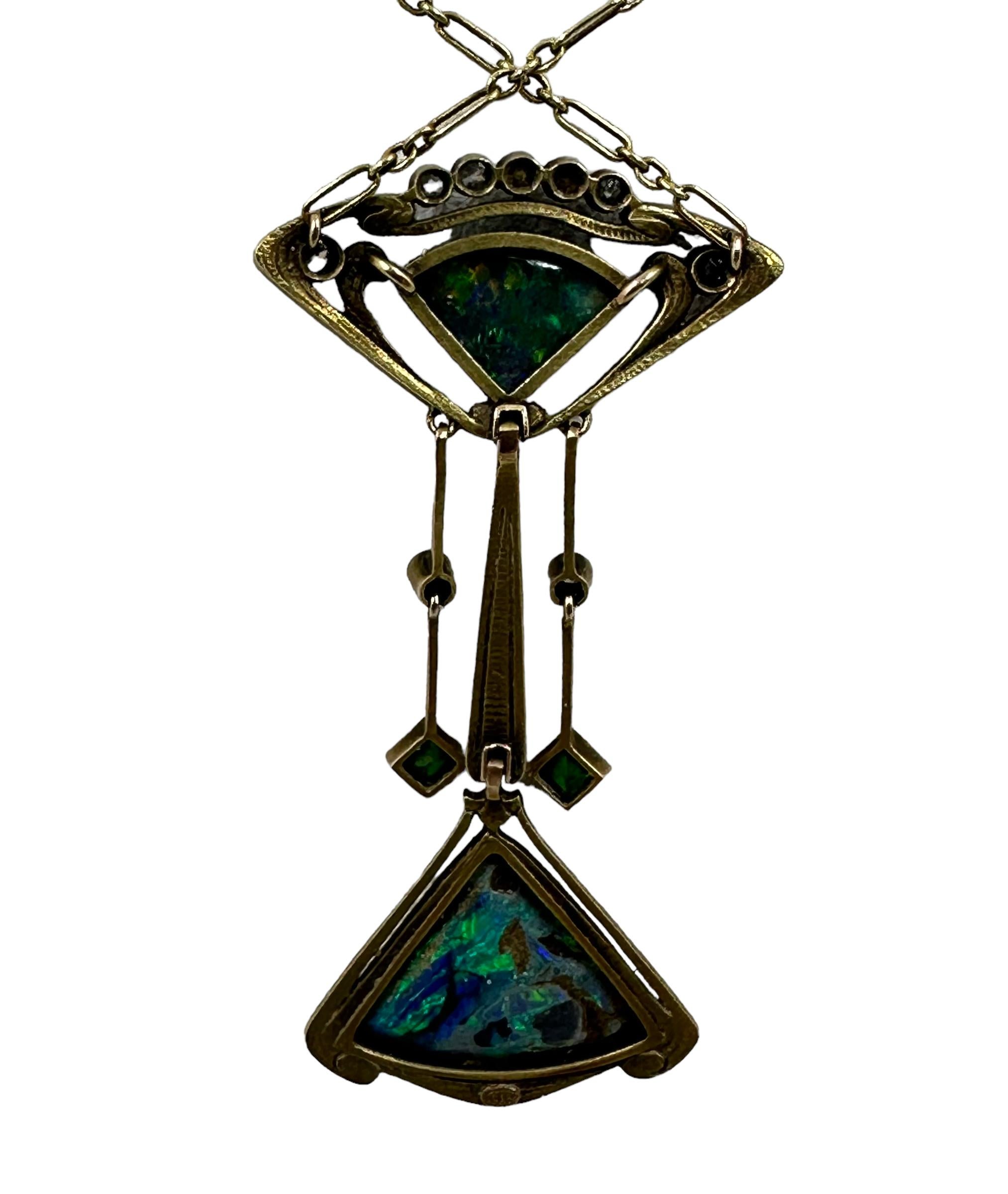 Art Nouveau Black Opal, Diamond and Demantoid Garnet Necklace In Good Condition In Mammoth Lakes, CA