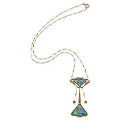 Art Nouveau Black Opal, Diamond and Demantoid Garnet Necklace