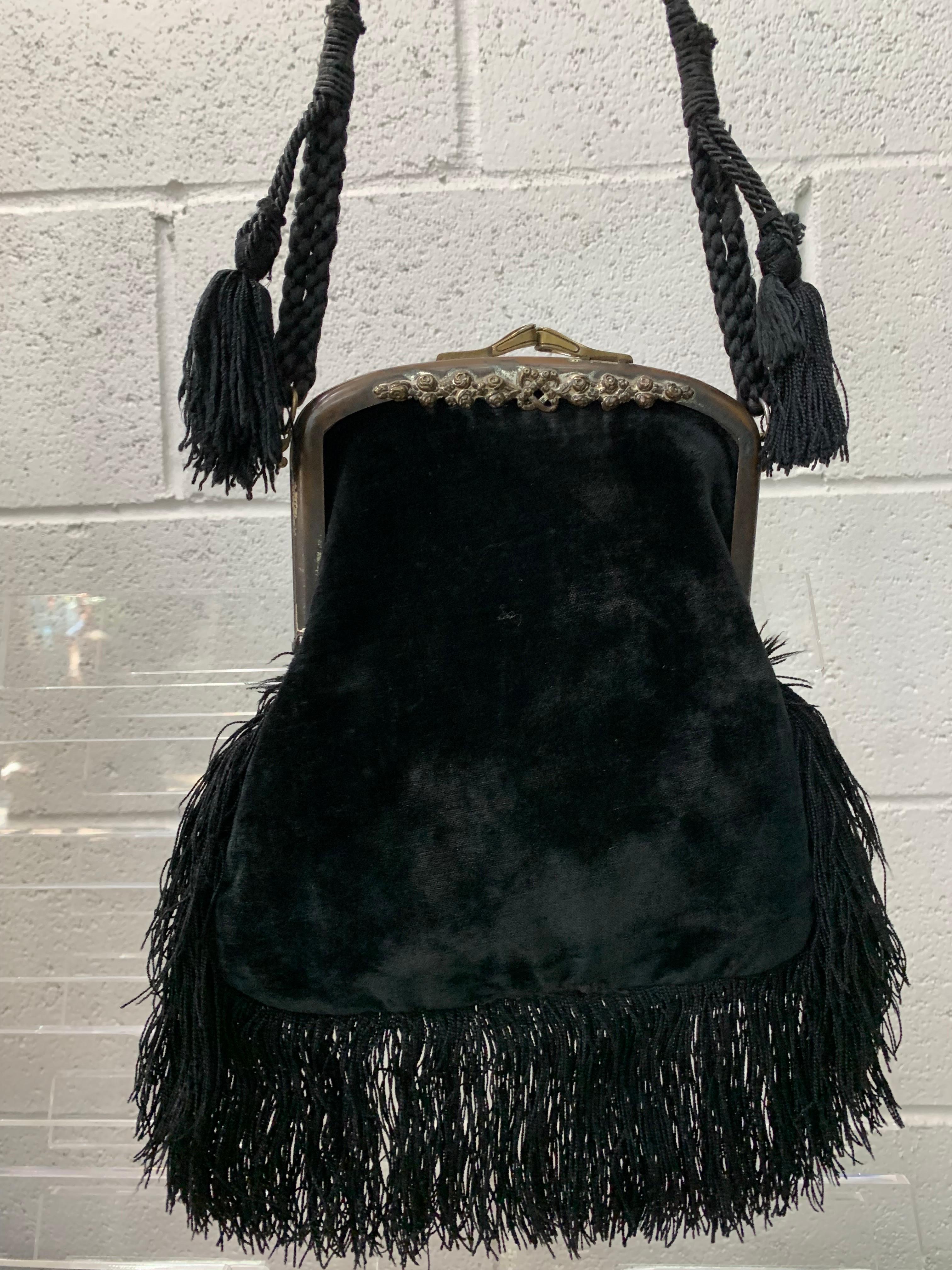 Art Nouveau Black Silk Velvet & Fringed Handbag w Braid Strap & Tassels  For Sale 7
