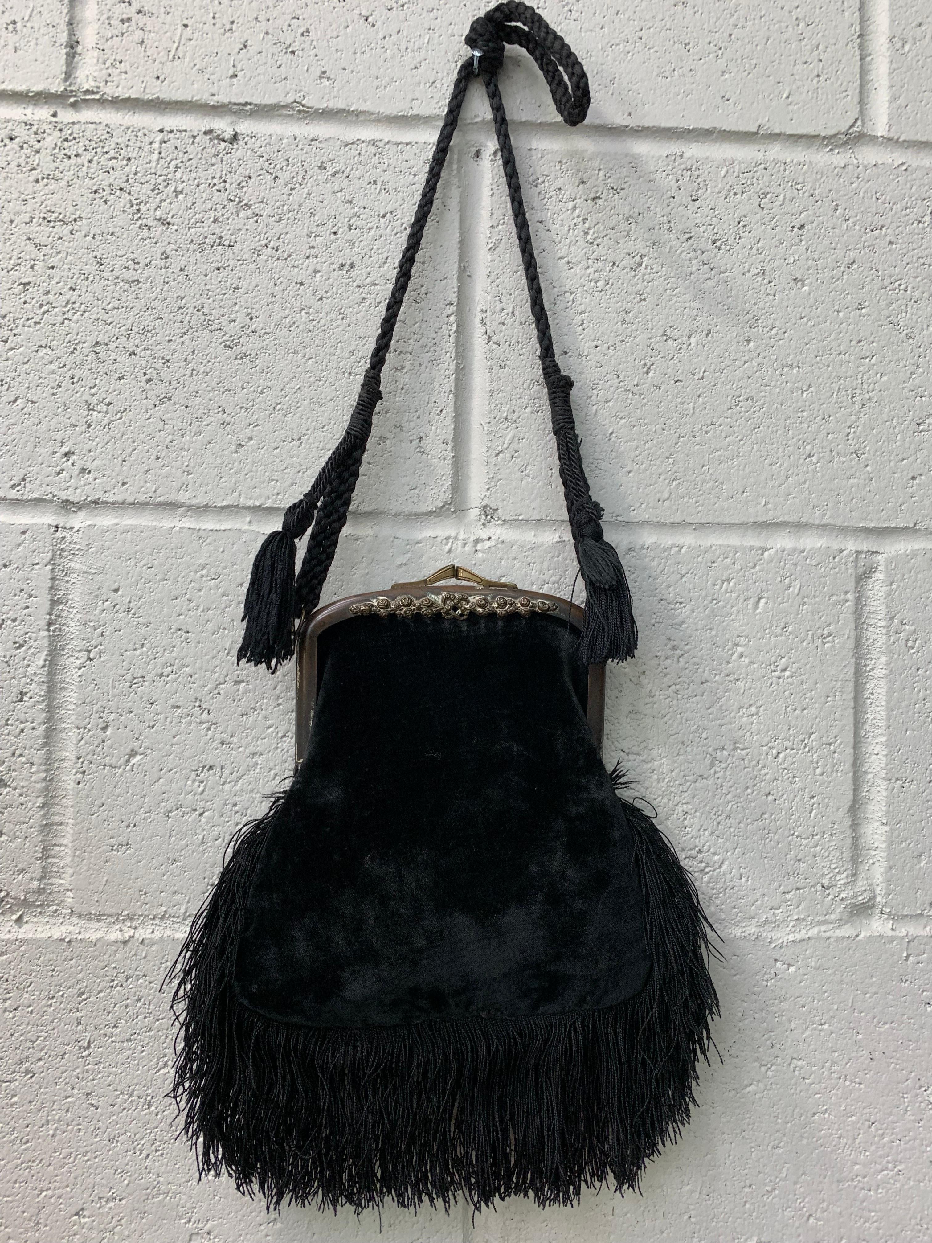 Art Nouveau Black Silk Velvet & Fringed Handbag w Braid Strap & Tassels  For Sale 10
