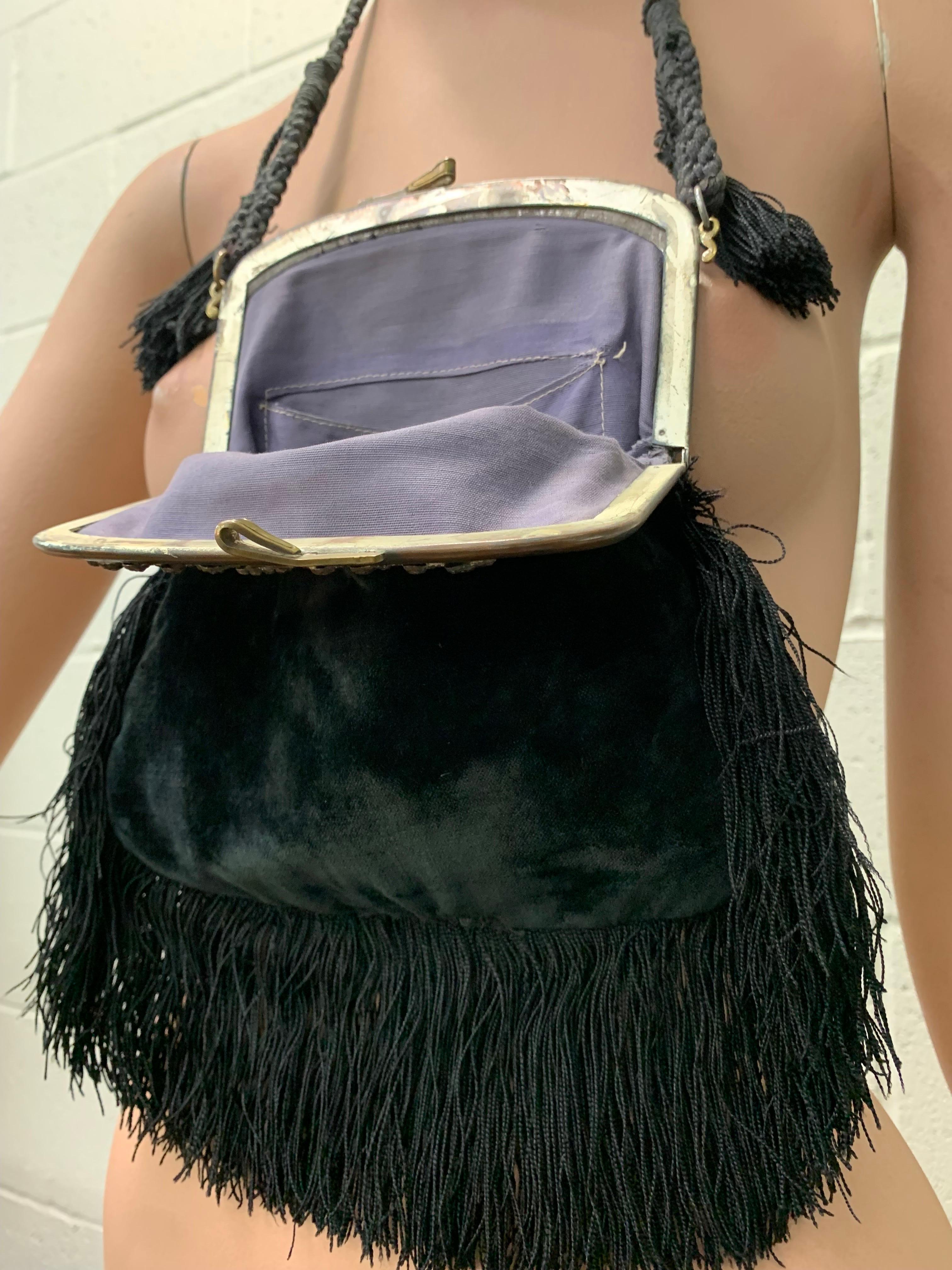 Art Nouveau Black Silk Velvet & Fringed Handbag w Braid Strap & Tassels  For Sale 11