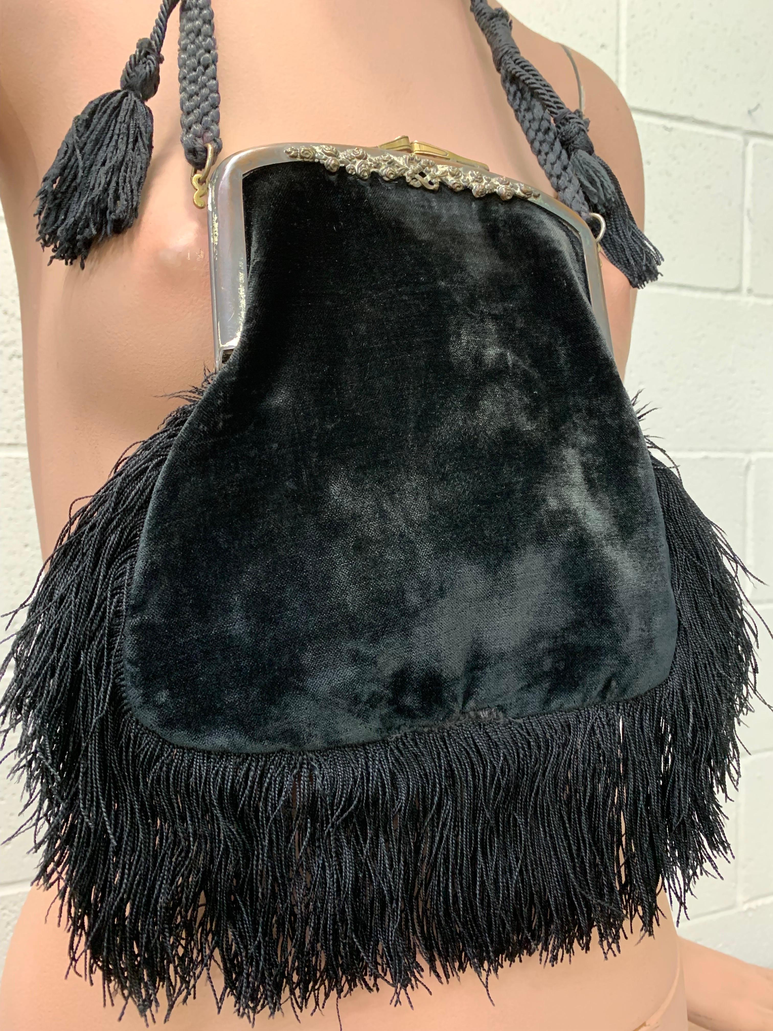 Art Nouveau Black Silk Velvet & Fringed Handbag w Braid Strap & Tassels: Kiss-clasp antique metal frame. A goth dream that fits a cellphone and more!  Indigo lining with pouch pocket. Braided silk cord shoulderstrap and tassels. Heavily fringed at