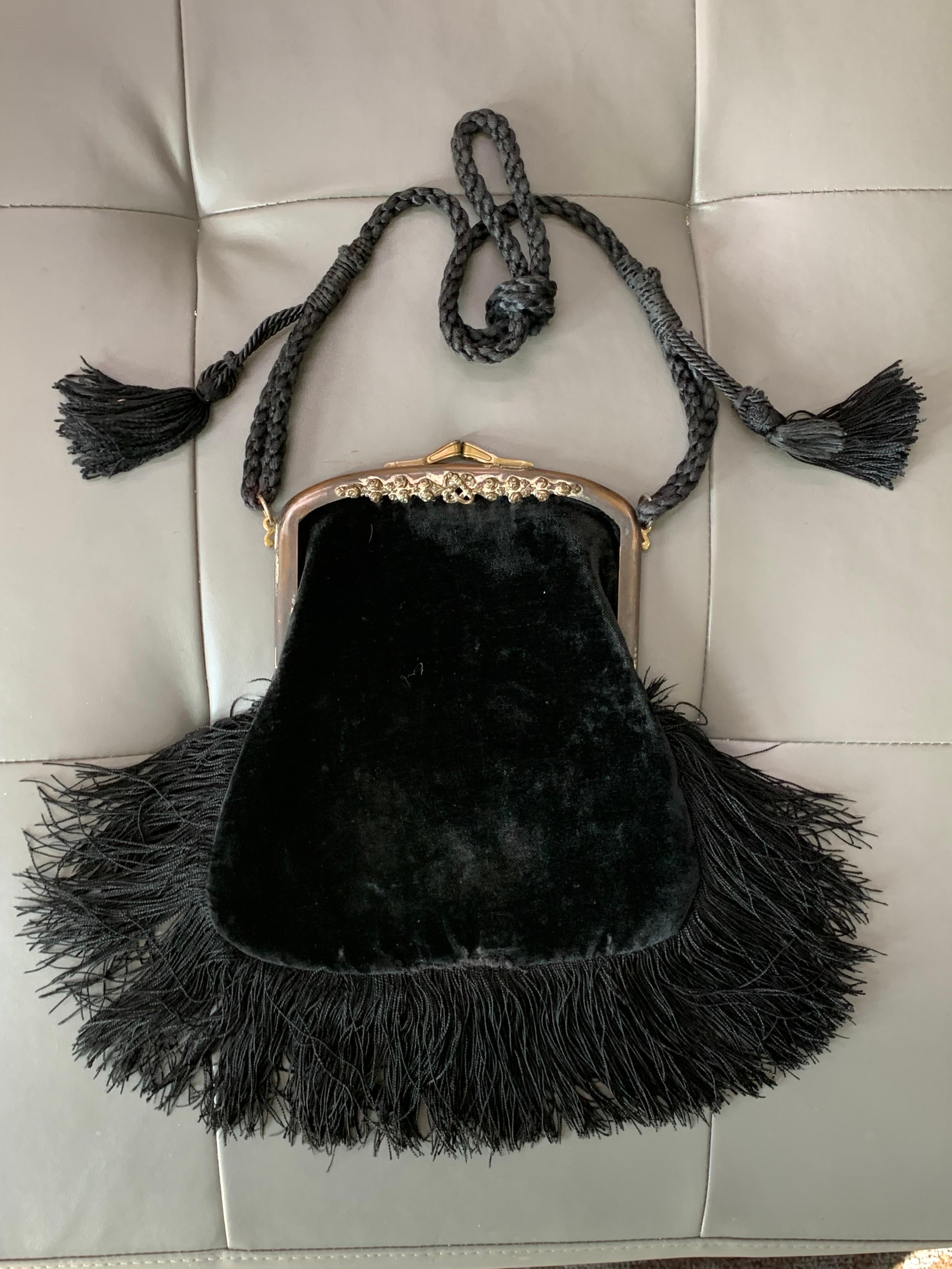 Art Nouveau Black Silk Velvet & Fringed Handbag w Braid Strap & Tassels  In Good Condition For Sale In Gresham, OR