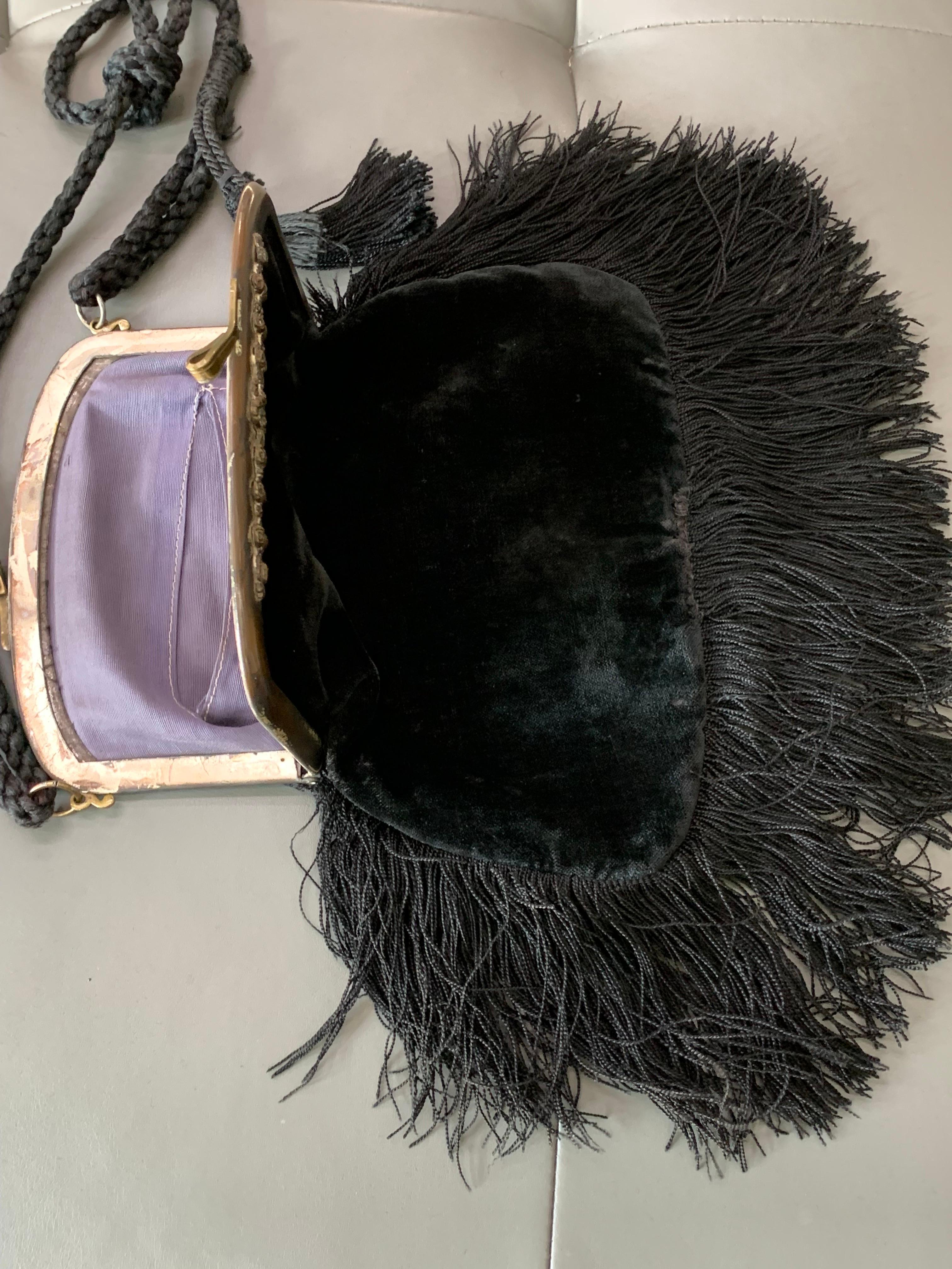 Women's Art Nouveau Black Silk Velvet & Fringed Handbag w Braid Strap & Tassels  For Sale