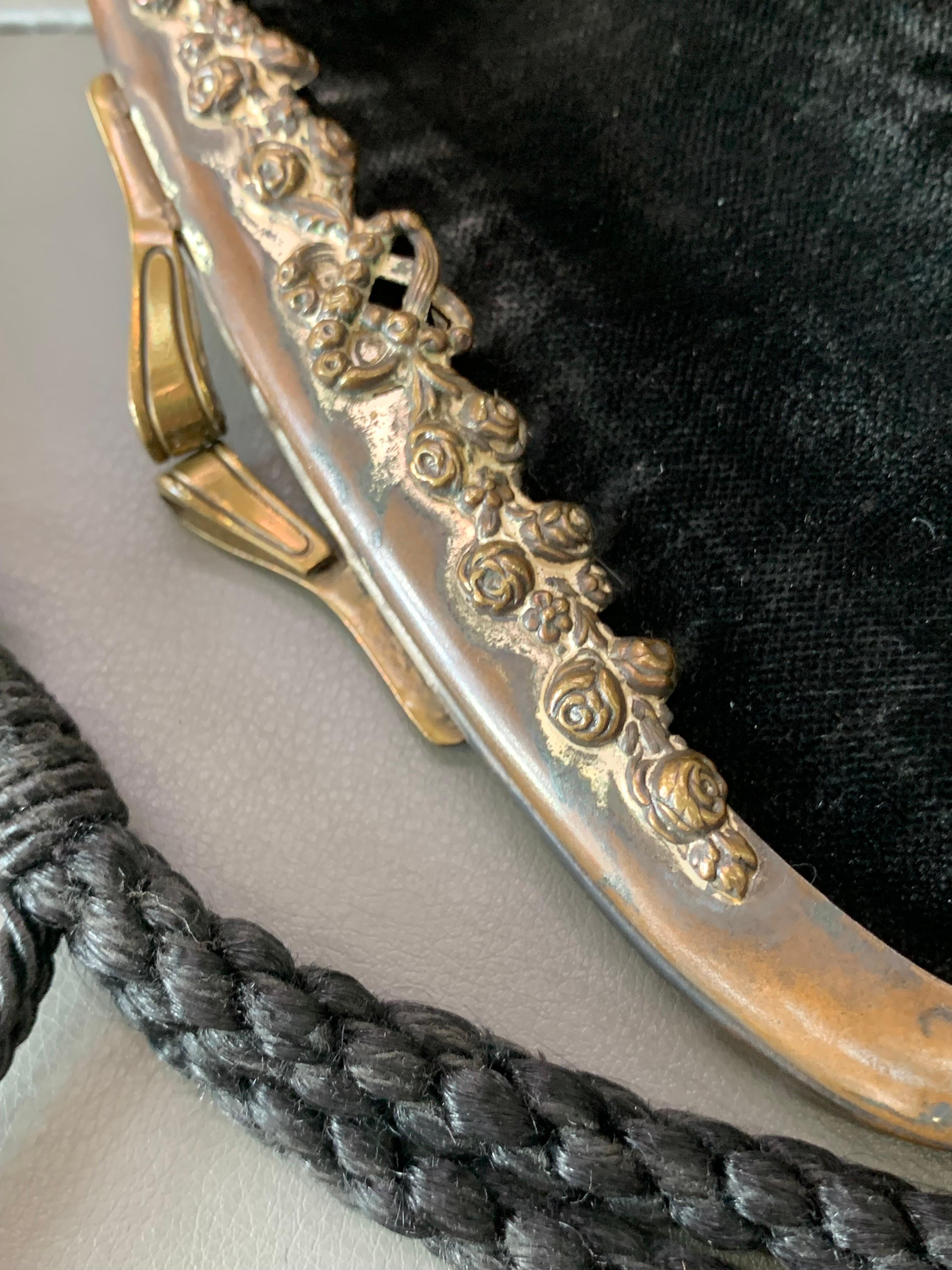 Art Nouveau Black Silk Velvet & Fringed Handbag w Braid Strap & Tassels  For Sale 1